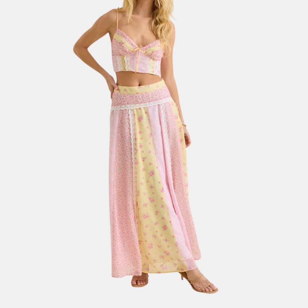 NWT  ALTAR'D STATE BUTTERCUP FLORAL PATCHWORK MAXI SKIRT PINK MULTI SIZE L